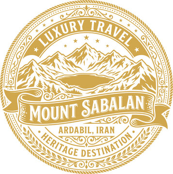Luxury travel emblem featuring Mount Sabalan in Iran vector illustration
