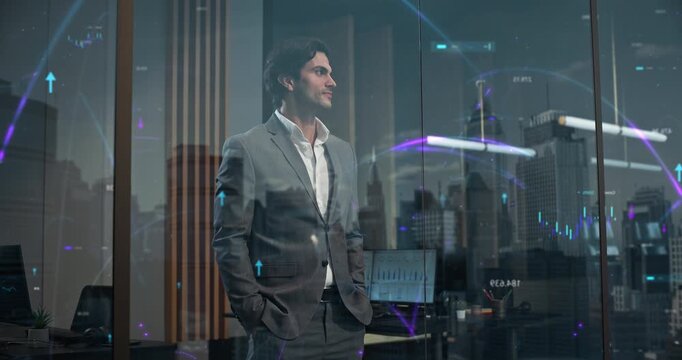 Businessman Standing Inside Office Looking Out Window While Holographic Purple Data  and Interconnected Arc Lines Visualize Internet Information Flow and Business Analytics.