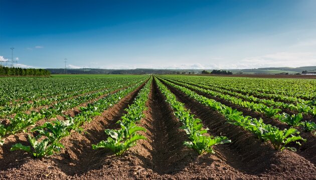 tidy rows of sugar beets growing in rich soil on an expansive farm field with copy space