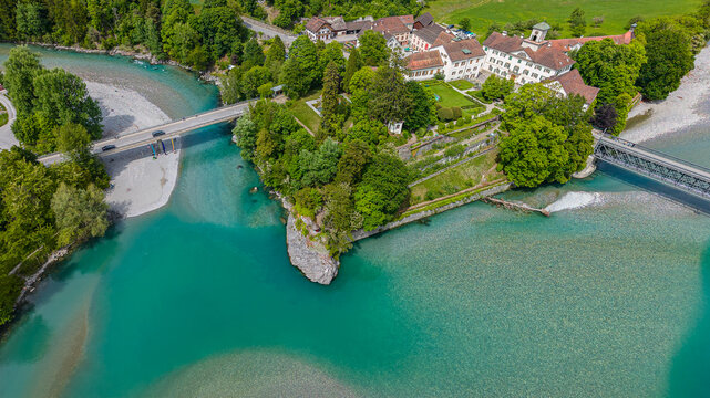 Aerial view of Reichenau town. It stands on a spectacular rock on the confluence of the Upper and Lower Rhine. From here starts the Alp Rhine River.