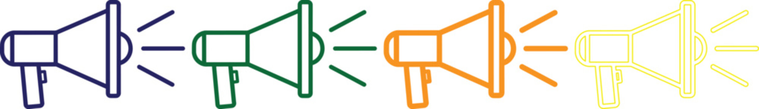 Colorful megaphone icons in purple green orange and yellow with sound waves emitting from them in a row on a white background