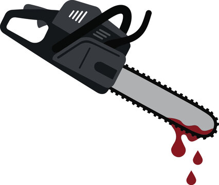 Chainsaw with blood dripping, flat vector illustration, horror movie power tool icon, scary halloween graphic design, murder weapon icon, lumberjack tool with blood, slasher movie theme element