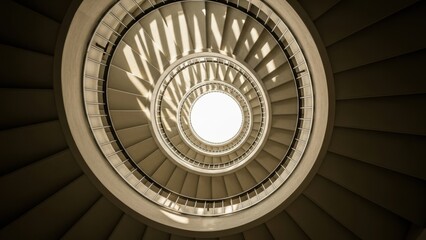 Obraz premium Worm's-eye view of a modern spiral staircase.
