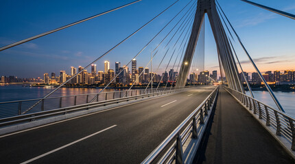 Naklejka premium Contemporary bridge deck stretching toward a luminous skyline with sleek cables and polished surfaces architecture design