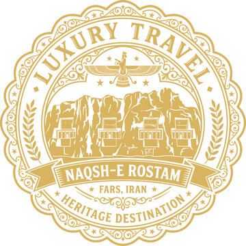 Luxury travel emblem featuring Naqsh-e Rostam ancient site gold vector illustration