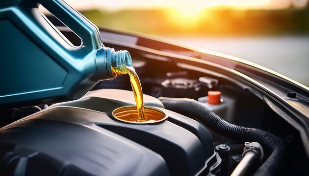 pouring engine oil into car motor maintenance service automotive lubrication