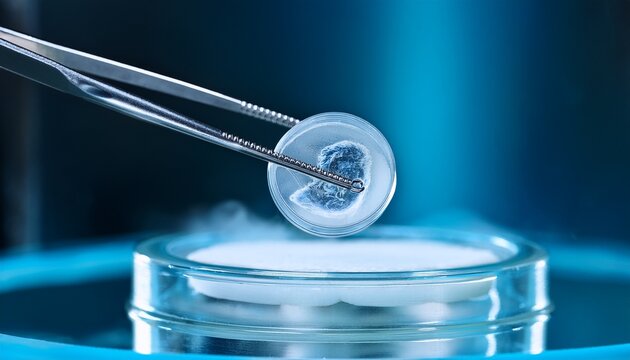 tweezers lifting a cold vial containing a frozen embryo from cryogenic storage vapor in a sterile laboratory