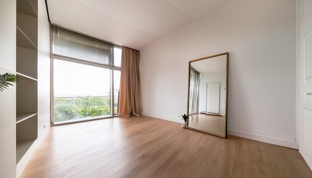 light flooded minimalist space with wooden floor finish and a tall reflective mirror