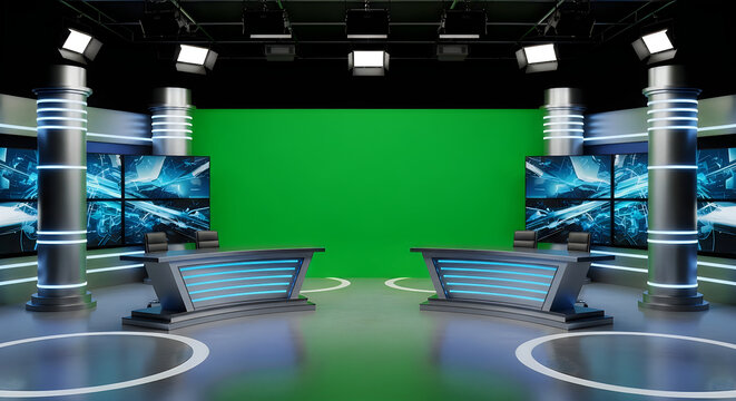 Professional TV Broadcast Studio with Green Screen and Blue Lights