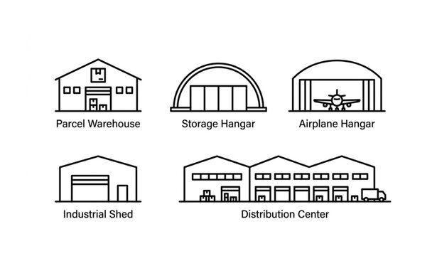 Commercial hangar and warehouse thin line pictogram icon set in pixel perfect style