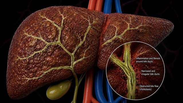 Primary Sclerosing Cholangitis with Scarred Bile Ducts and Chronic Liver Disease, Medical Illustration