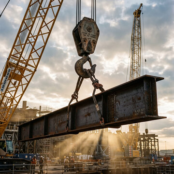 Crane hook holding a massive steel girder under volumetric light with high-detail textures cinematic engineering