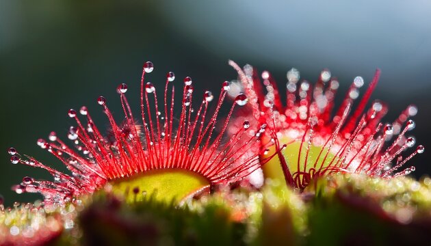 macro sundew plant with sticky droplets red tentacles carnivorous botanical detail