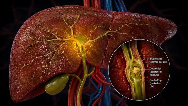 Bile Duct Obstruction with Blocked Biliary System and Human Liver Anatomy, Medical Illustration