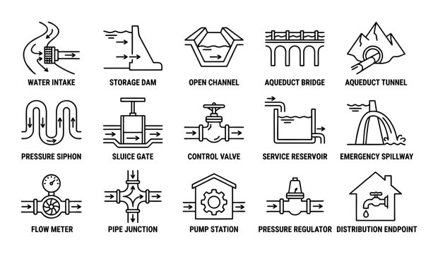 Water Infrastructure Icons Set with Dams Channels Pipes and Valve Symbols