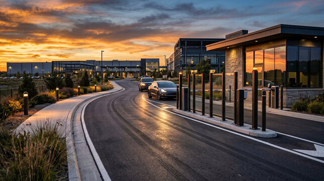 Site access road with clean tire patterns and controlled barriers showing sunset reflection scenery