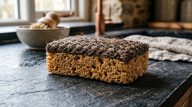 Museum grade photograph of a luxurious kitchen cleaning sponge with perfect balance of light