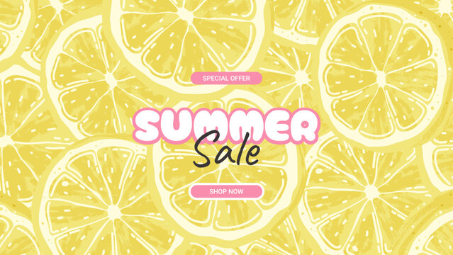 Advertising banner for the summer sale with lemon slices. Background of fresh yellow citrus fruits for banners, web store Headers, promotion, seasonal discount offers. Vector illustration