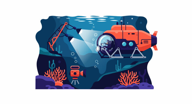 Deep Sea Exploration Illustration with Orange Submersible, Underwater Cameras, and Coral Reef in Flat Vector Style