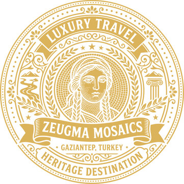 Luxury travel emblem featuring Zeugma mosaic portrait vector illustration