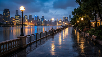 Fototapeta premium Riverside promenade after rain with glowing skyline reflections cinematic luxury cityscape