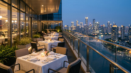 Fototapeta premium Luxury modern dining terrace facing a glowing skyline with empty linen tables and polished surfaces architecture
