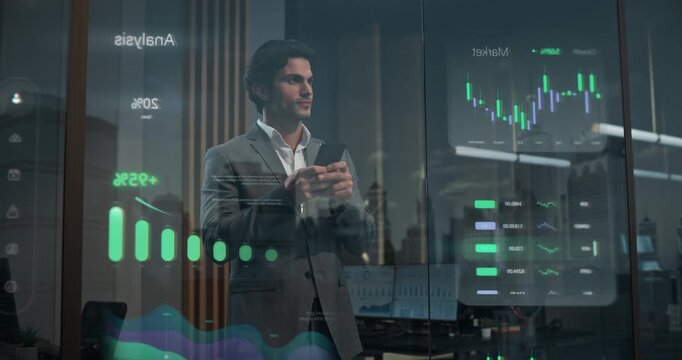 Businessman Stands Inside Modern Office Using Smartphone Screen Beside Reflective Glass Window While Real-time Stock Market Candlestick Charts and Interactive Financial Analytics Dashboards Appear.
