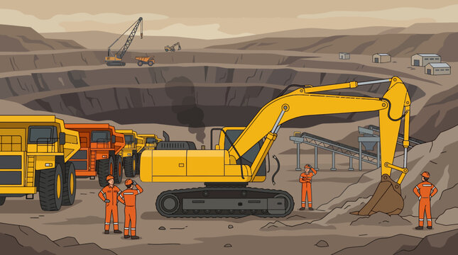 Heavy machinery at work in quarry mine.