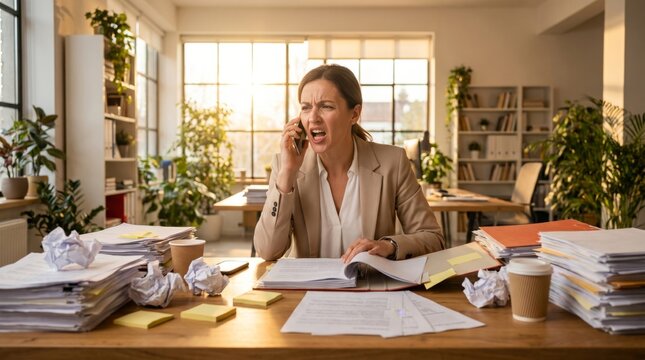 A woman sits at a cluttered desk in an office talking on the phone amidst stacks of papers and documents.
