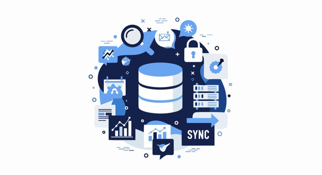 Modern Flat Vector Illustration of Data Management, Database Server Analysis, Security and Cloud Computing System Integration Concept