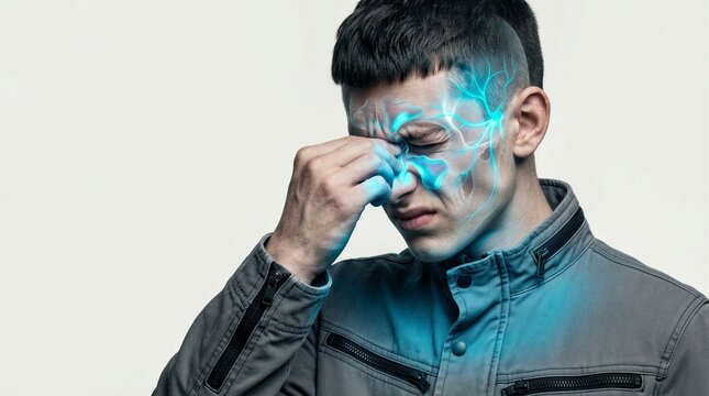 Man suffering from sinus pain and headache. Young man touching his nose with glowing blue nerve system visualization. Concept of medical health problem, migraine and neurological ailment.