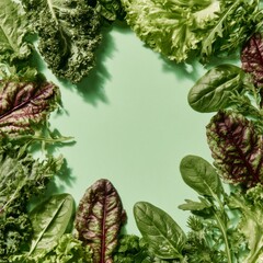 Fototapeta premium Fresh leafy greens frame on pastel background with healthy salad copy space concept