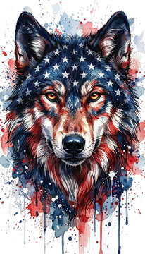 Colorful artistic wolf head portrait with american flag pattern and vibrant watercolor paint splatter effect for modern graphic design projects