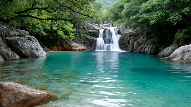 Waterfall flows into turquoise pool surrounded by rocks and trees Generative AI
