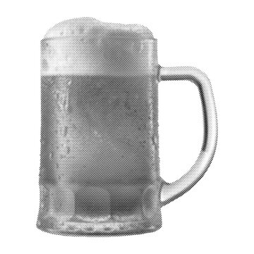 Halftone illustration of a glass beer mug with foam isolated on transparent background