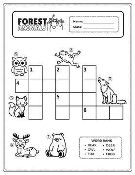 Black and white forest animals crossword worksheet for kindergarten and grade 1 kids. Printable educational activity with cute animal illustrations.