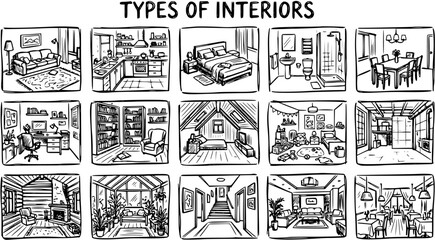 Naklejka premium Black and White Line Art Illustration of Various Interior Room Types for Architecture and Design