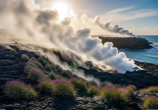 Misty coastal landscape with fog rolling in over ocean and rocky shoreline with flowers