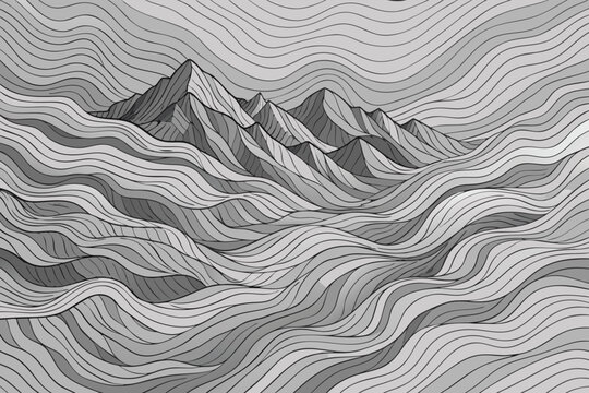 Abstract Topographic Map Background with Grayscale Contour Lines, Detailed Geological Strata and Mountain Ridges Vector Illustration, Wavy Flowing Line Art for Modern Graphic Design Projects.