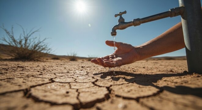 Water drips from tap to hand in drought-cracked desert ground