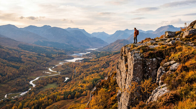 Serene granite cliff edge in autumnal light with warm earthy tones contrasting cool blue landscape