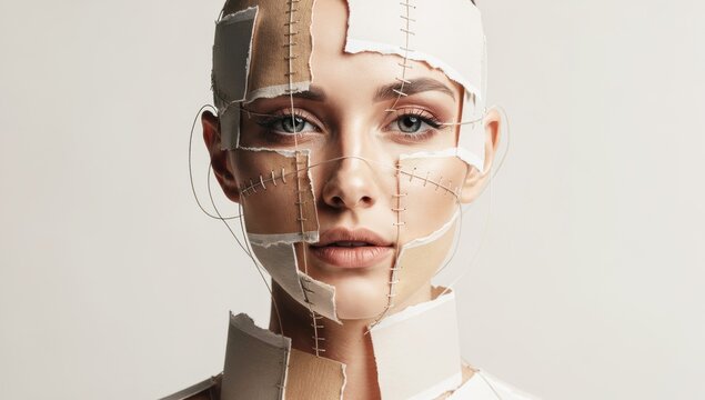 Conceptual portrait of a woman's face pieced together with paper and thread