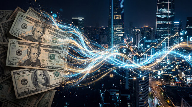 Paper money fading into energy waves transforming into efficient glowing transactions digital finance concept