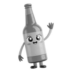 A cute cartoon bottle character with a friendly face and waving hand, illustrated in a vintage halftone dot style, isolated on transparent background