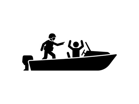Black and white vector silhouette of a security officer intercepting a surrendering suspect on a motorboat at sea, representing maritime crime and law enforcement.