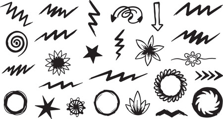 Fototapeta premium Abstract hand drawn doodle shapes and symbols set including zig zag lines circles stars arrows on white background with brush stroke lightning bolt abstract collection artistic