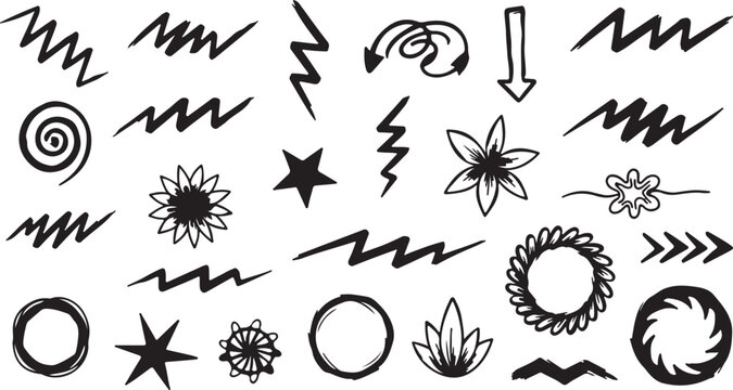 Abstract hand drawn doodle shapes and symbols set including zig zag lines circles stars arrows on white background with brush stroke lightning bolt abstract collection artistic