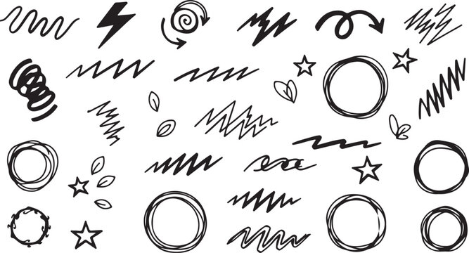Hand drawn abstract doodle lines and shapes collection with zig zags circles stars hearts on white background brush stroke zig zag lightning bolt abstract collection artistic