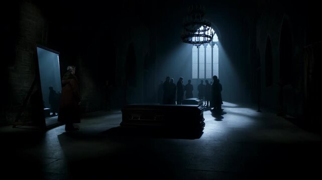 Gothic Church Mourners Gather Solemnly. Victorian Gothic Church Scene With Mourners And Dim Lighting