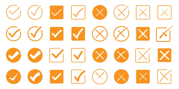 Check mark icon button set. Check box icon with right and wrong buttons and yes or no checkmark icons in green tick box and red cross. Isolated checkmark symbol, right and wrong sign concept. Icon.